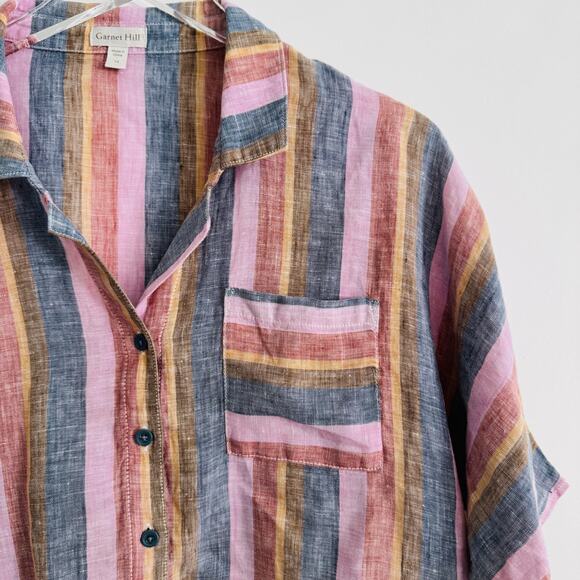Garnet Hill Rainbow Striped Button Front Linen Collared Shirt Sz 14 - Picture 2 of 7